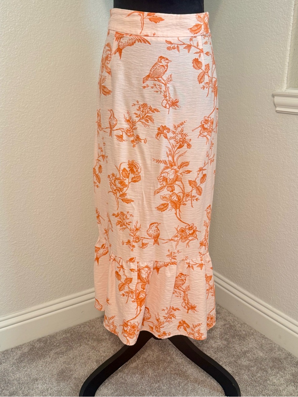 Glamorous Pink Midi Skirt with Orange Bird & Floral Print